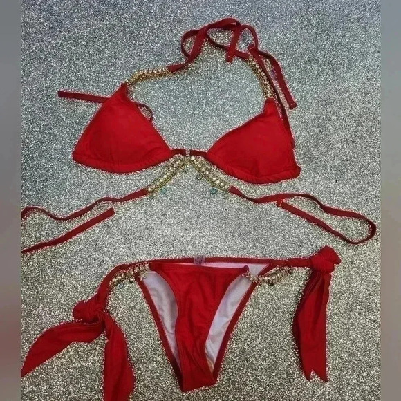 RED JEWELED TYE UP BIKINI SIZE  MED - Picture 6 of 6